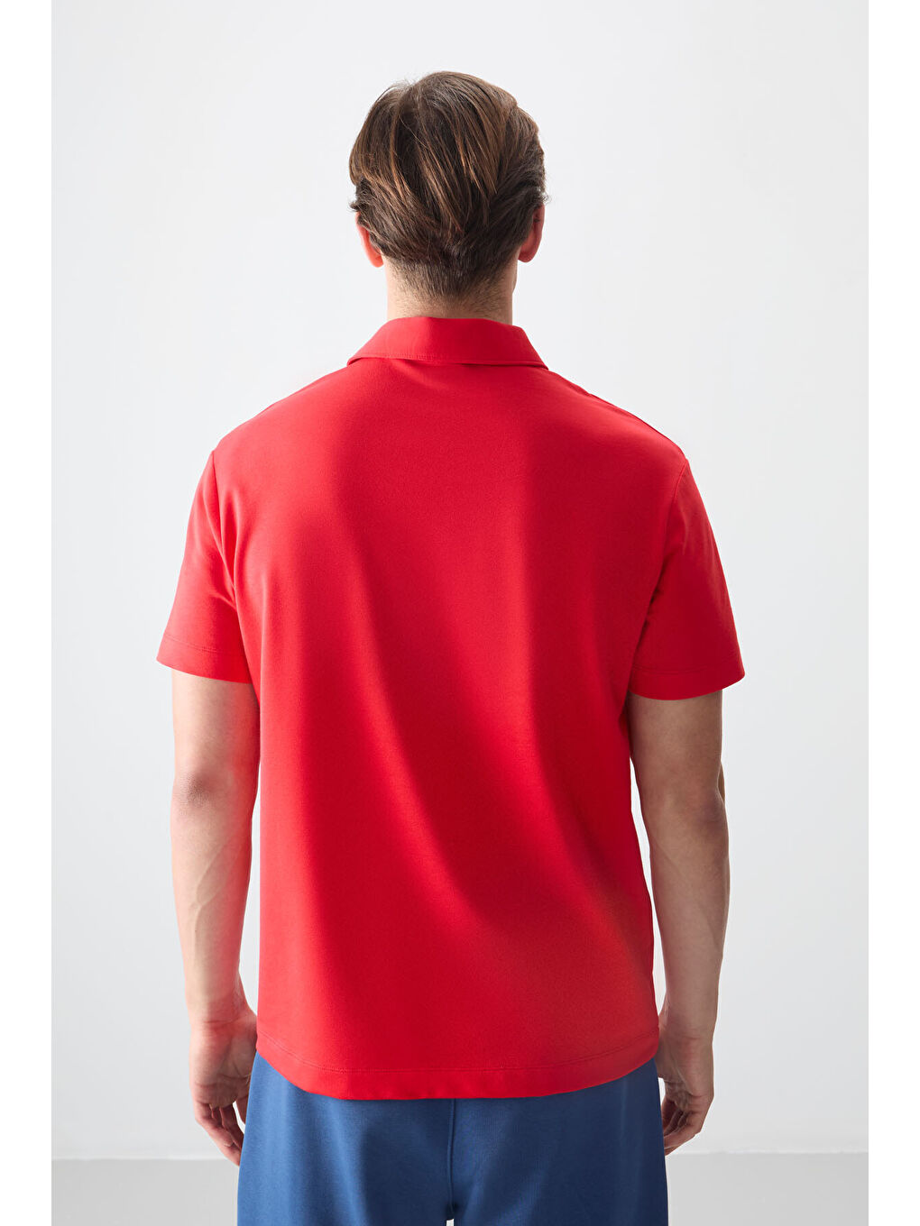 Kırmızı Pamuklu Kalın Yumuşak Dokulu Polo Yaka Oversize Fit Basic Erkek Tişört- 88381-2