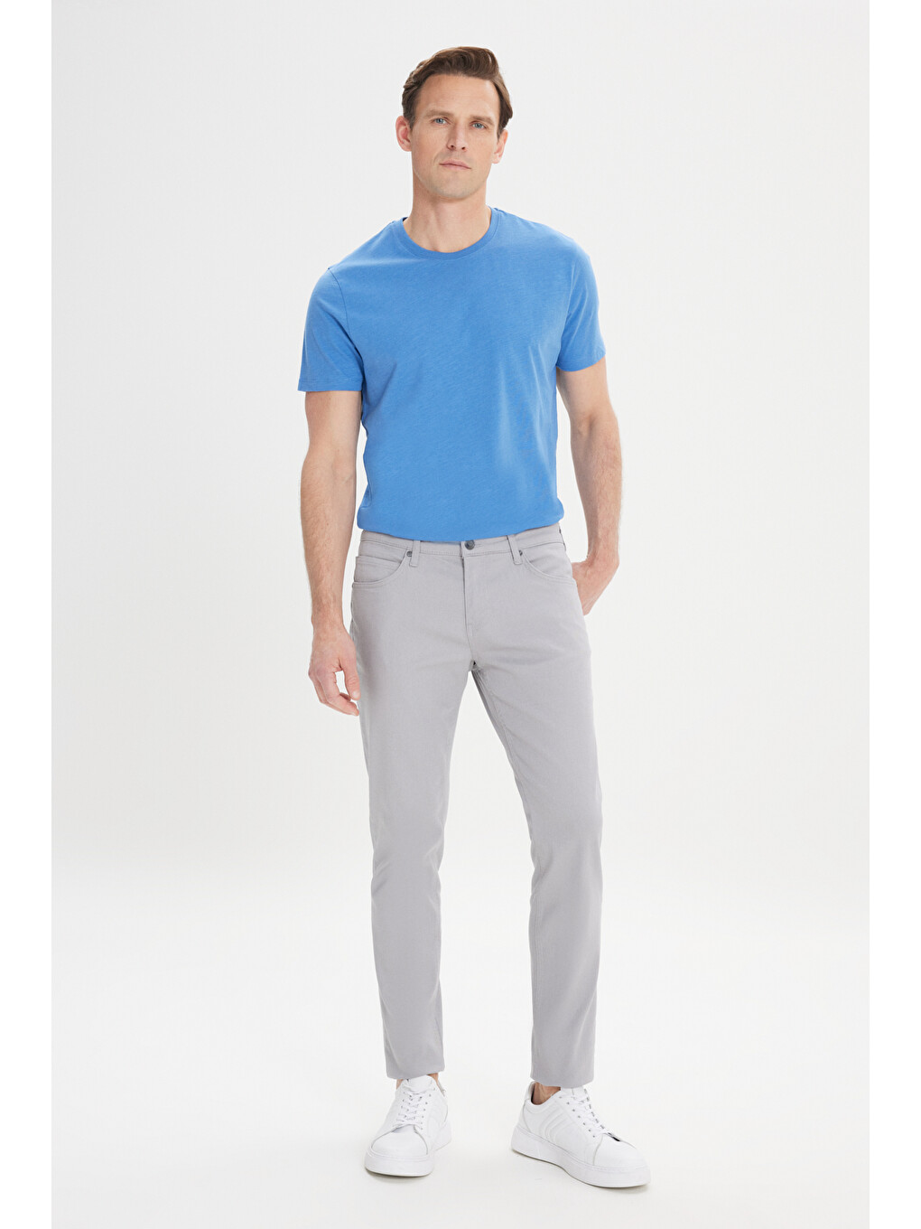 Erkek Gri 360 Derece Her Yöne Esneyen Slim Fit Dar Kesim Diyagonal Desenli Pantolon-8