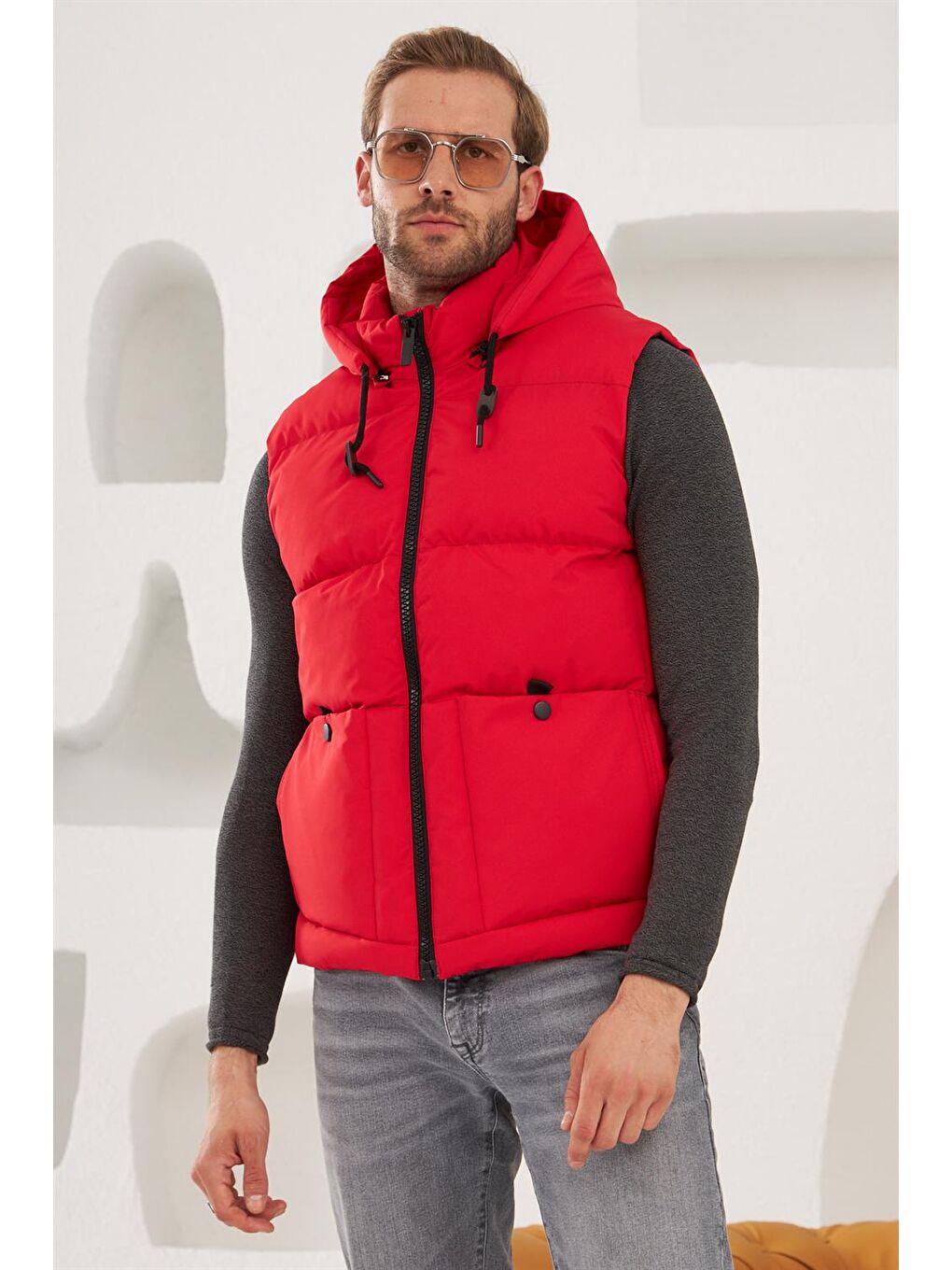 Erkek Çıkarılabilir Kapüşonlu Spor Şişme Yelek Kırmızı-2