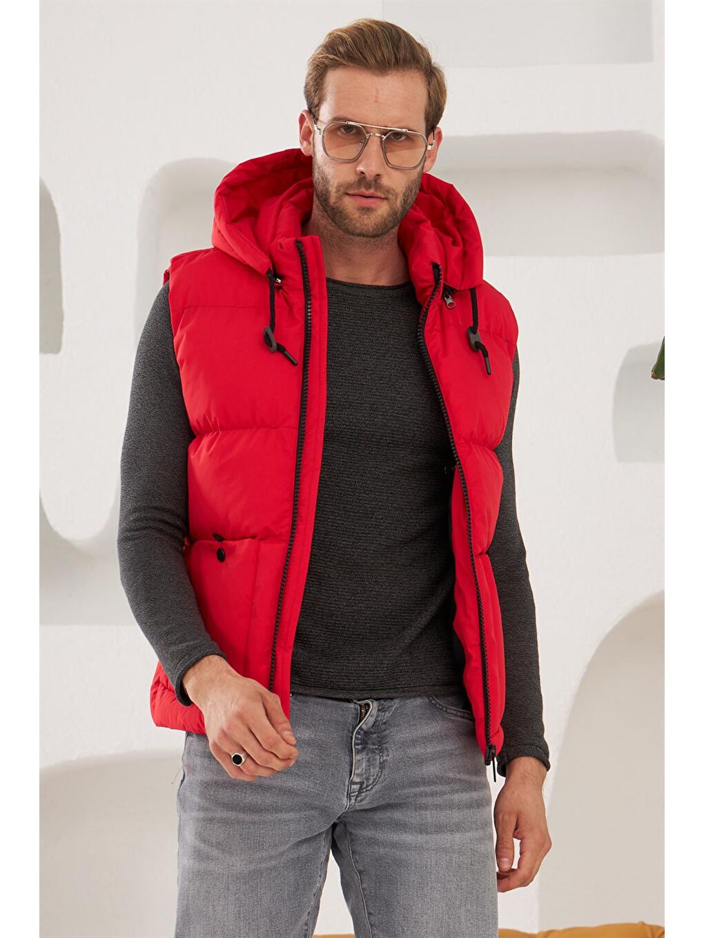 Erkek Çıkarılabilir Kapüşonlu Spor Şişme Yelek Kırmızı-3