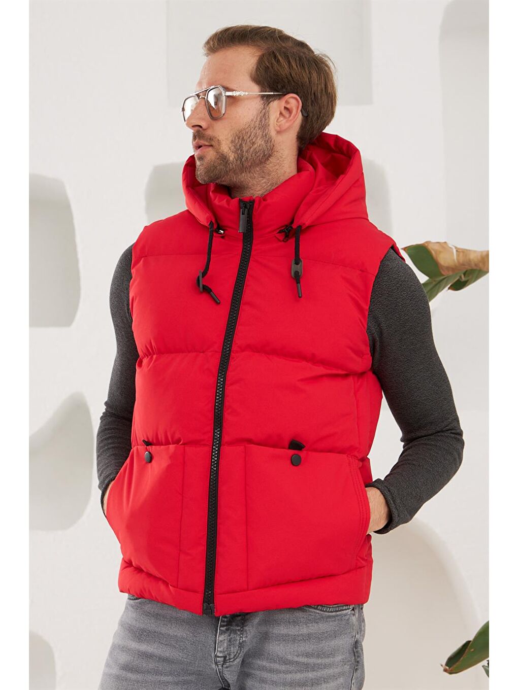 Erkek Çıkarılabilir Kapüşonlu Spor Şişme Yelek Kırmızı-4