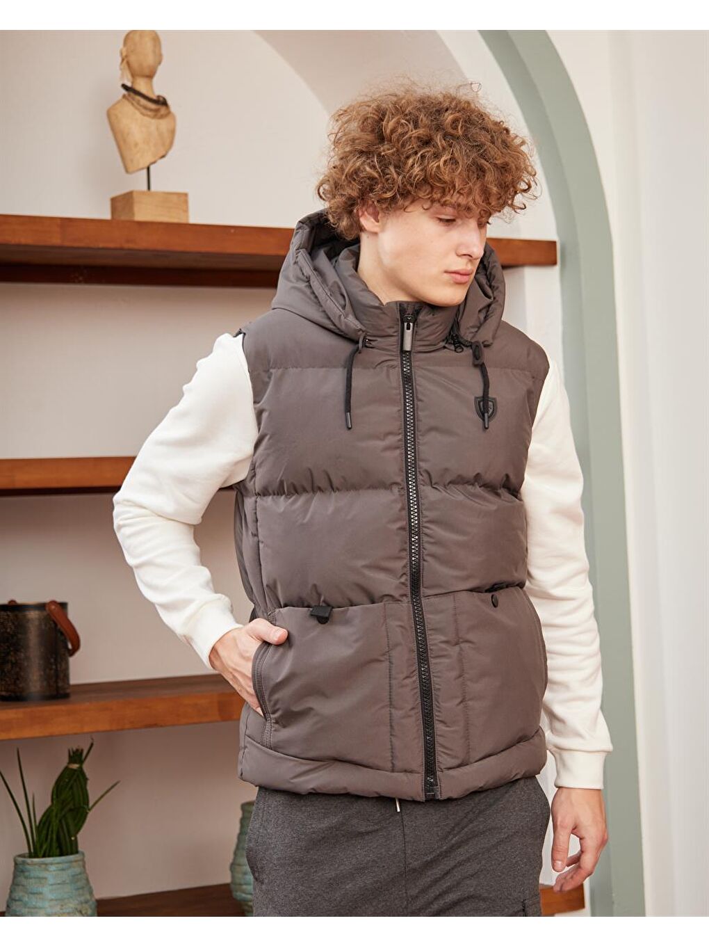 Erkek Çıkarılabilir Kapüşonlu Spor Şişme Yelek Antrasit-2