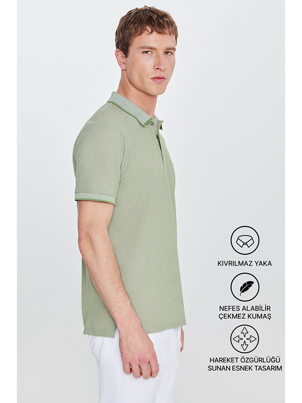 Erkek Yeşil Pamuklu Comfort Fit Rahat Kesim Polo Yaka Cepli Tişört-1