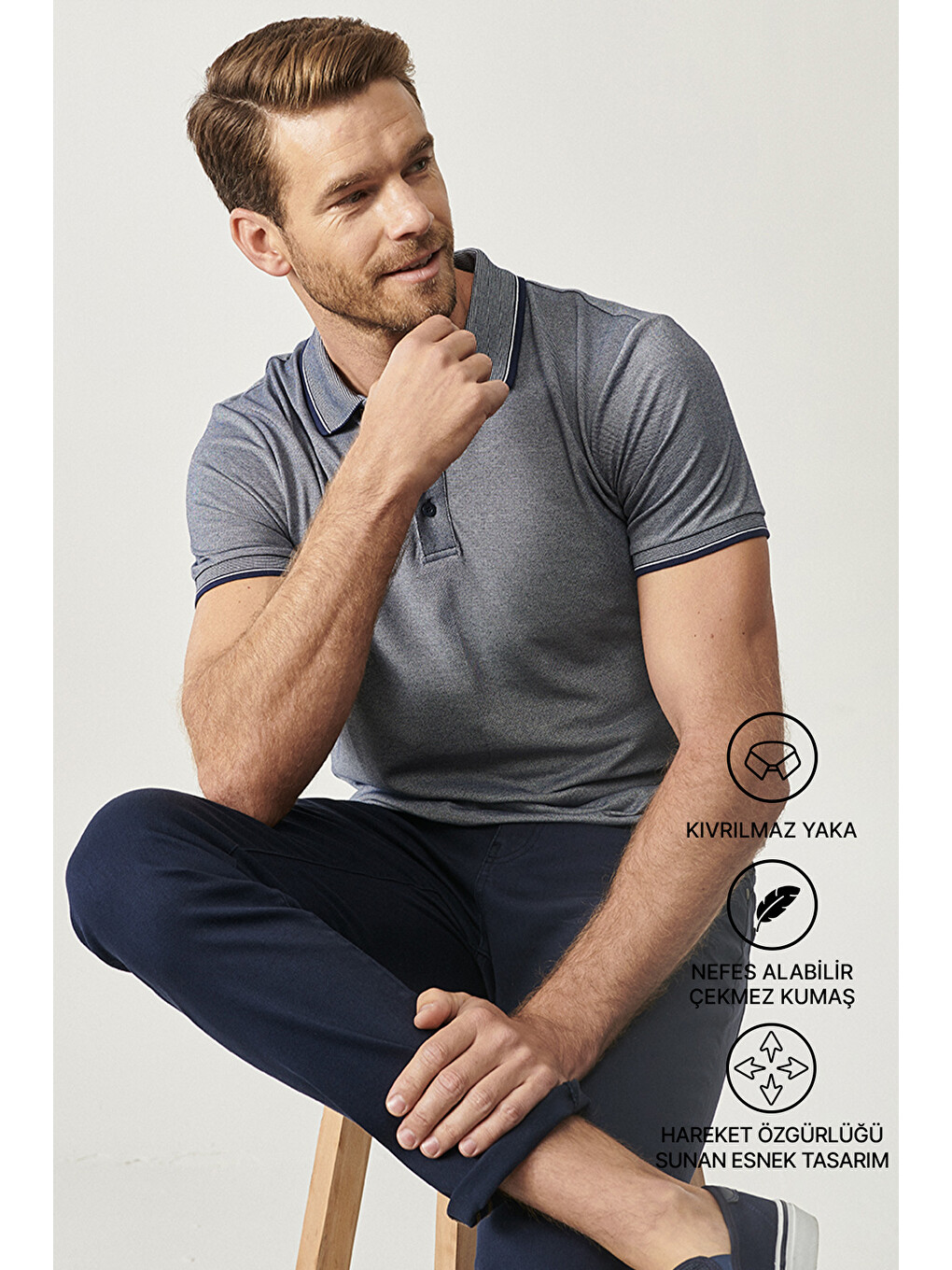 Erkek Lacivert Slim Fit Dar Kesim Kıvrılmaz Polo Yaka Kısa Kollu Tişört-2
