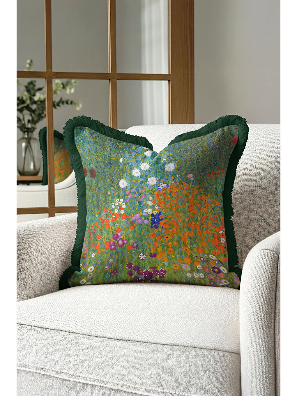 Karışık Canlı Çiçek Bahçesi Saçaklı Yastık Kılıfı - Renkli Modern Yeşil Püsküllü Kırlent Kılıfı-2