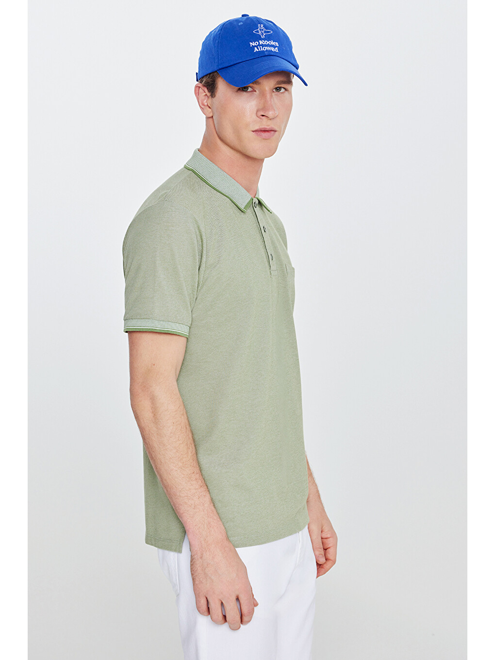 Erkek Yeşil Pamuklu Comfort Fit Rahat Kesim Polo Yaka Cepli Tişört-2