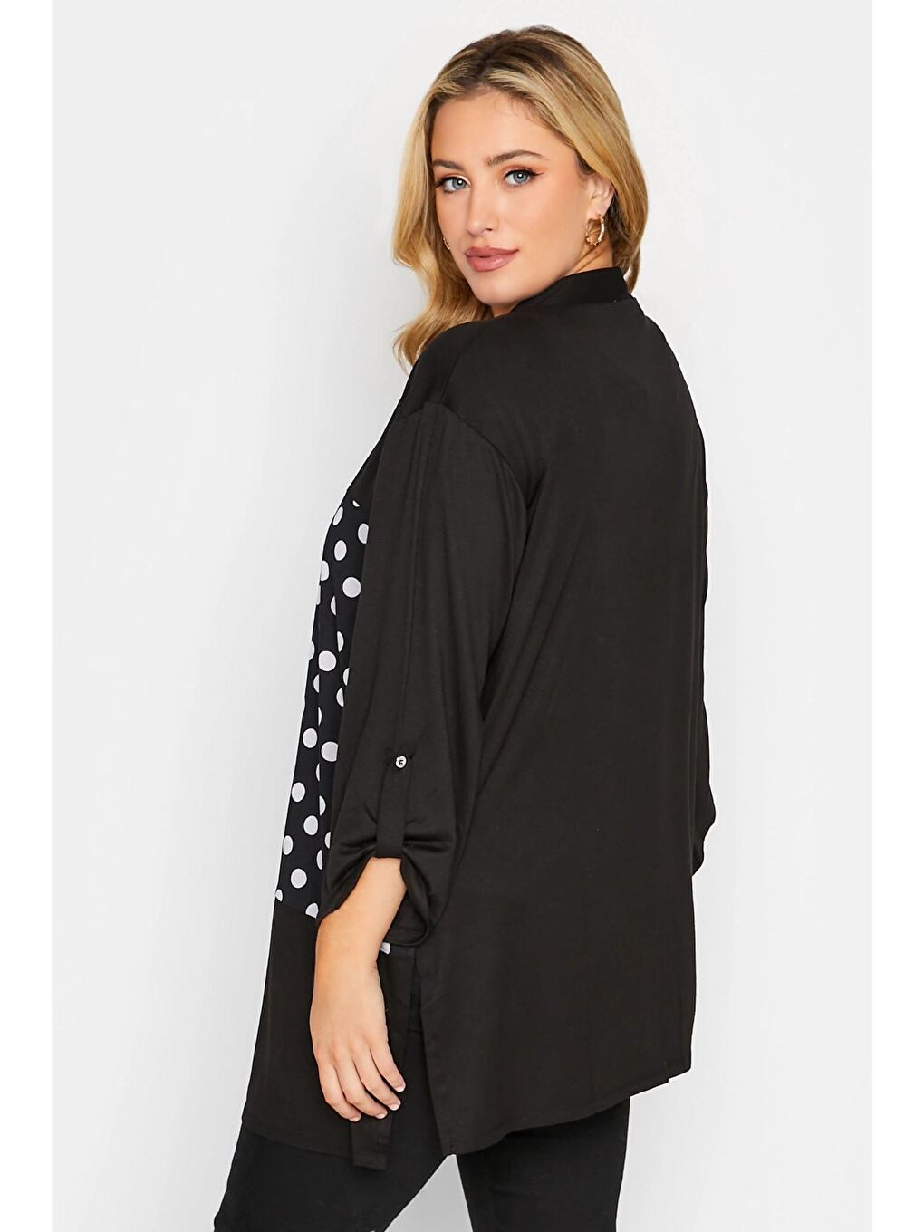 Siyah Büyük Beden Düğmesiz Puantiye Desenli Uzun Kollu Hırka 301318-4