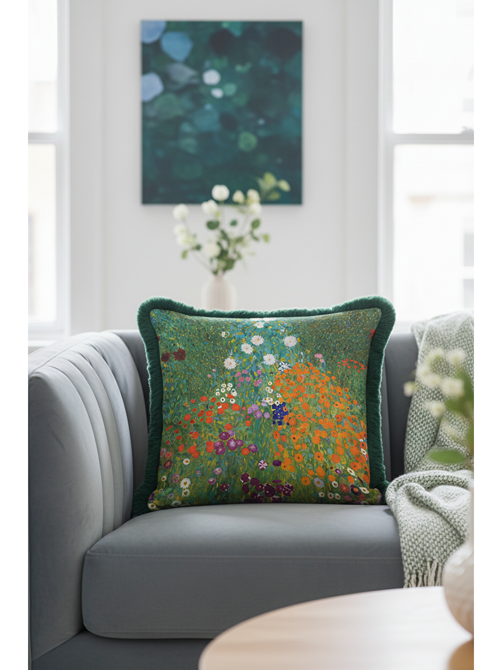 Karışık Canlı Çiçek Bahçesi Saçaklı Yastık Kılıfı - Renkli Modern Yeşil Püsküllü Kırlent Kılıfı-3