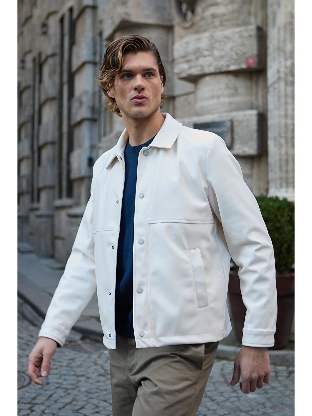 Bej Erkek Gömlek Yaka Deri Taş Ceket