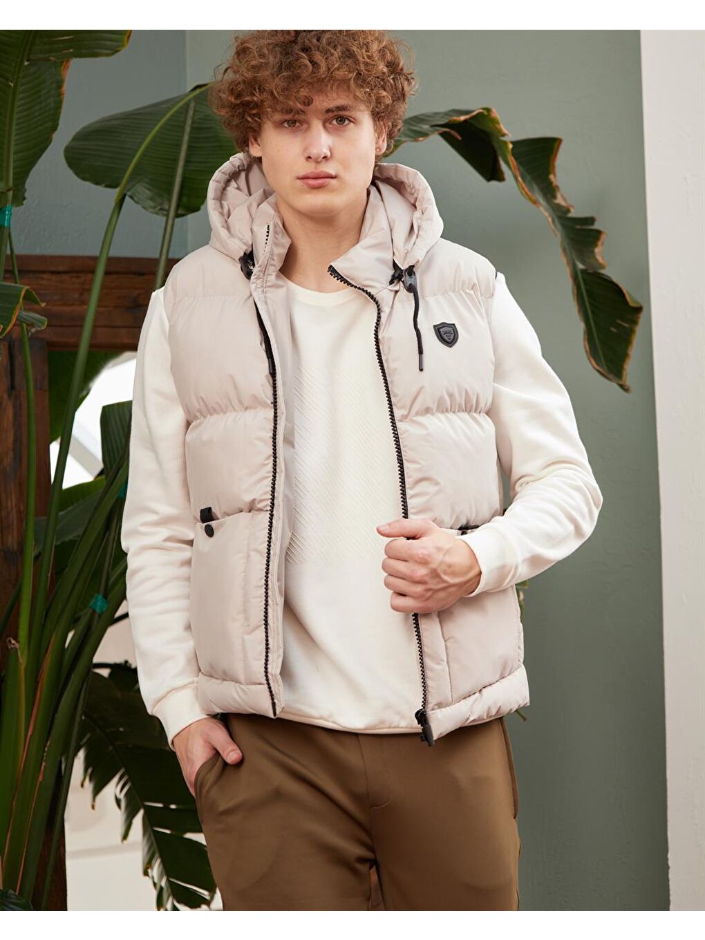 Bej Erkek Çıkarılabilir Kapüşonlu Spor Şişme Yelek Taş-5