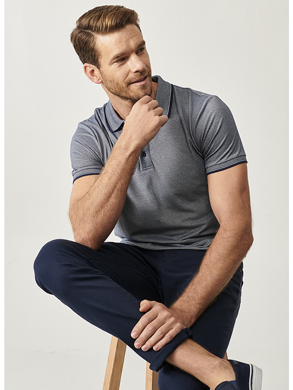 Erkek Lacivert Slim Fit Dar Kesim Kıvrılmaz Polo Yaka Kısa Kollu Tişört-7