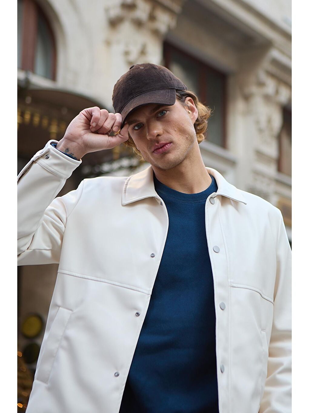 Bej Erkek Gömlek Yaka Deri Taş Ceket-1