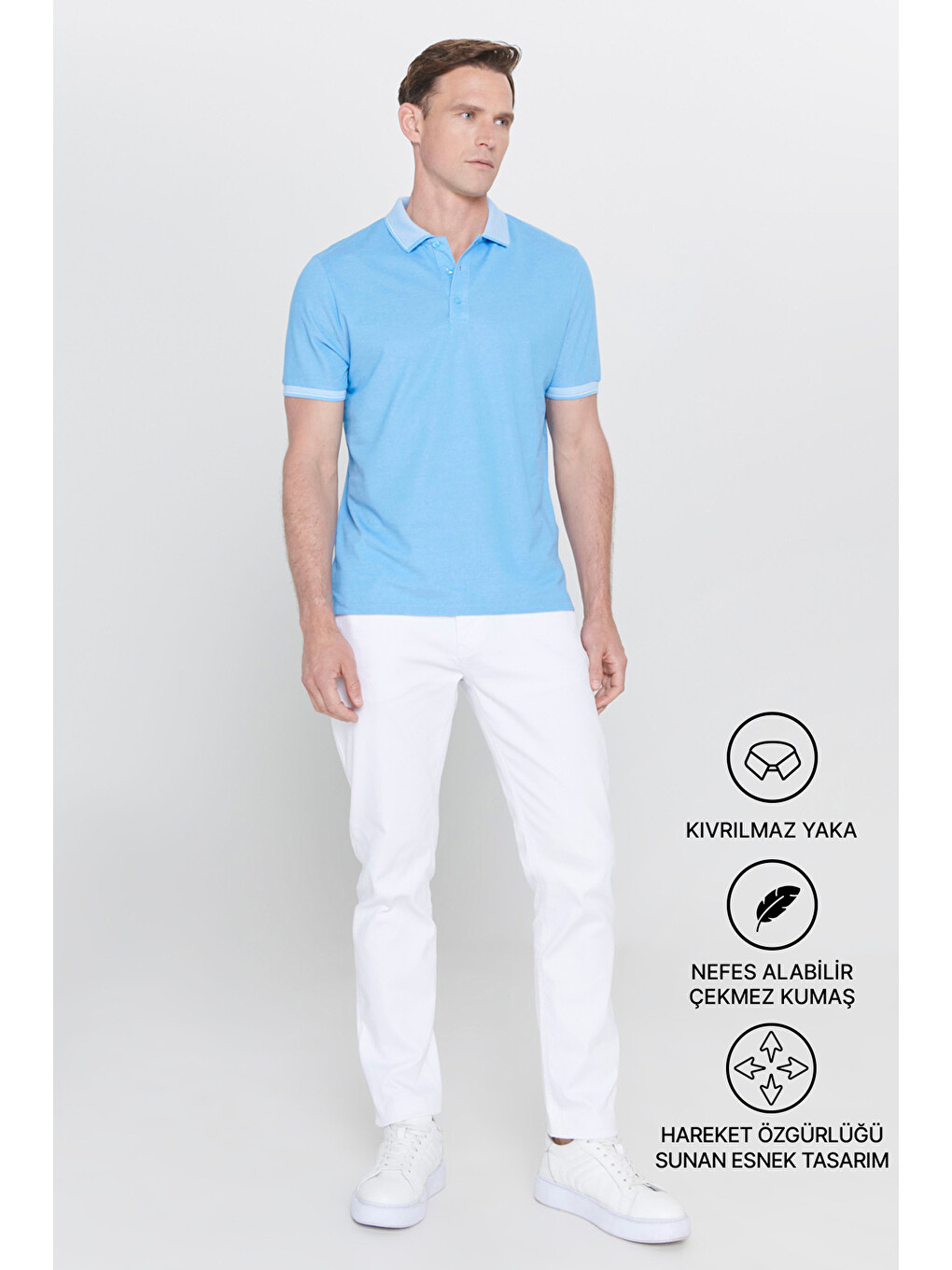 Erkek Mavi Slim Fit Dar Kesim Kıvrılmaz Polo Yaka Kısa Kollu Tişört