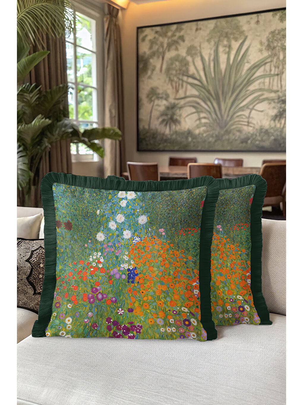 Karışık Canlı Çiçek Bahçesi Saçaklı Yastık Kılıfı - Renkli Modern Yeşil Püsküllü Kırlent Kılıfı-5