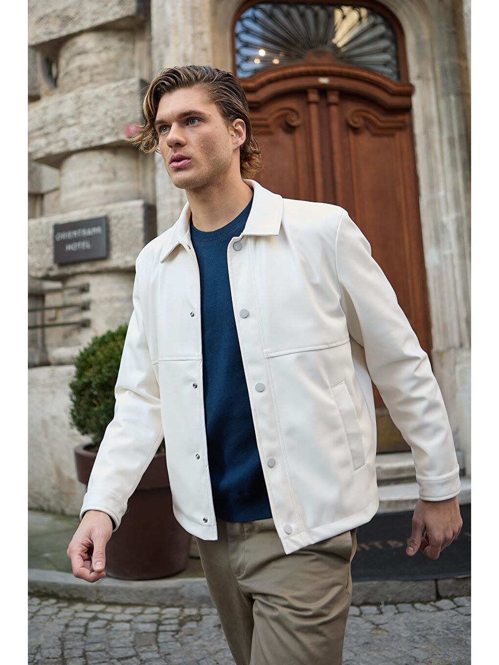 Bej Erkek Gömlek Yaka Deri Taş Ceket-2