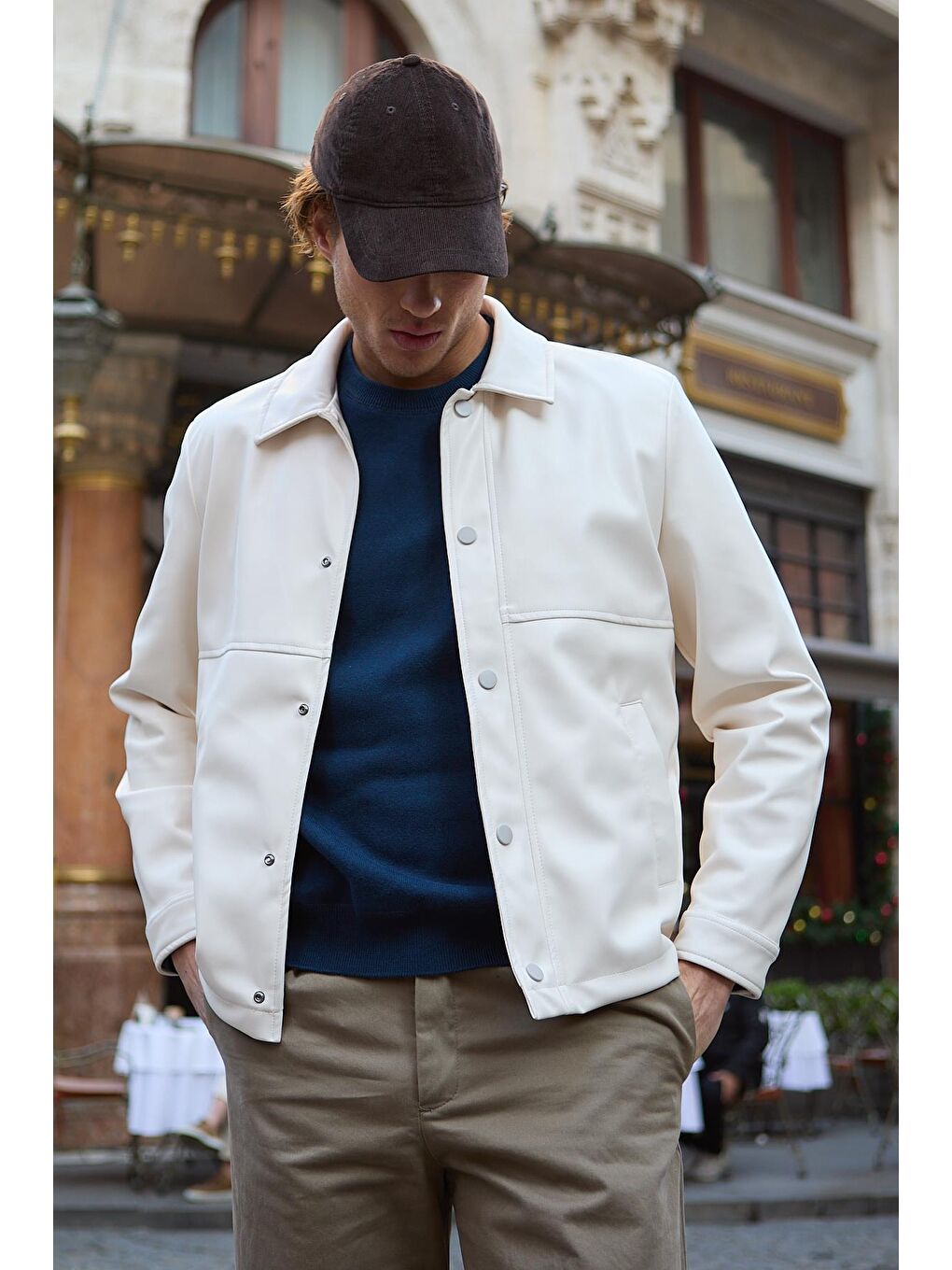 Bej Erkek Gömlek Yaka Deri Taş Ceket-3