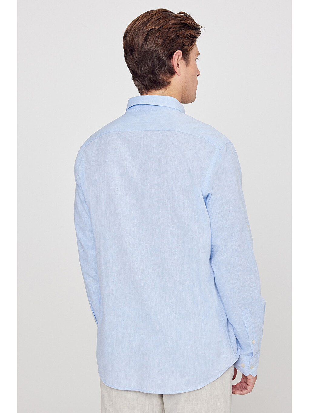 Erkek Açık Mavi Comfort Fit Rahat Kesim Düğmeli Yaka Casual Keten Gömlek-5