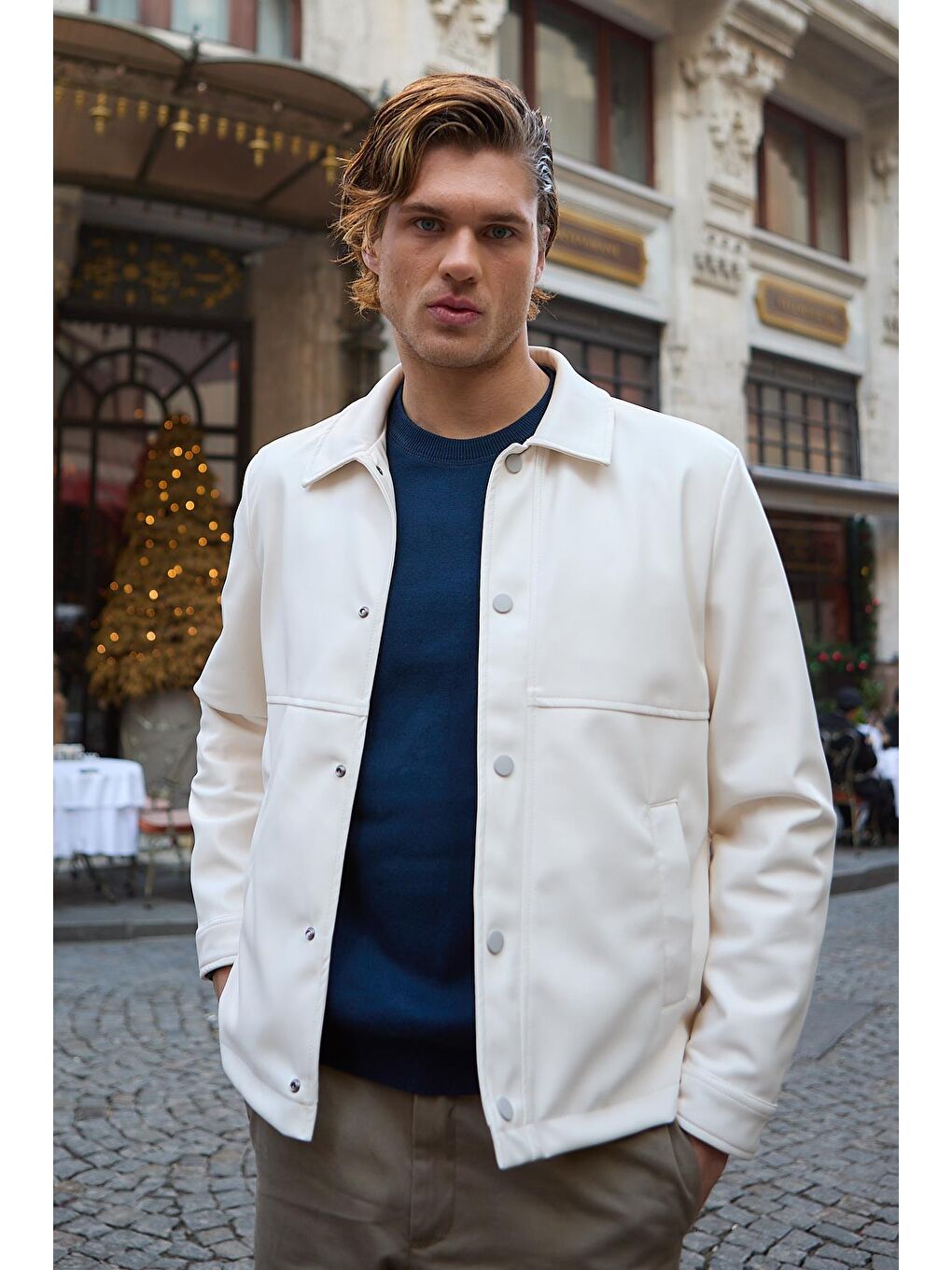 Bej Erkek Gömlek Yaka Deri Taş Ceket-4