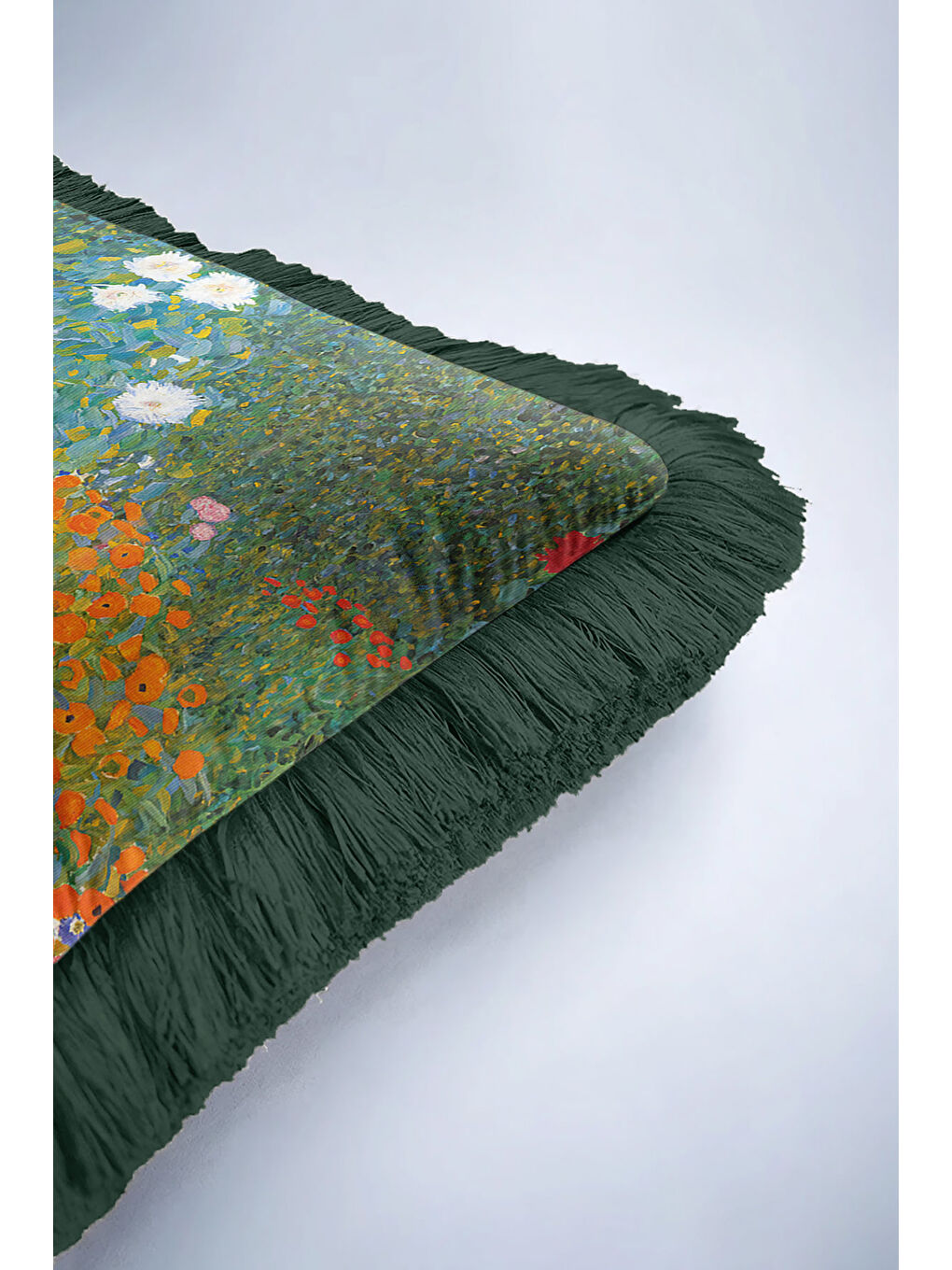 Karışık Canlı Çiçek Bahçesi Saçaklı Yastık Kılıfı - Renkli Modern Yeşil Püsküllü Kırlent Kılıfı-6