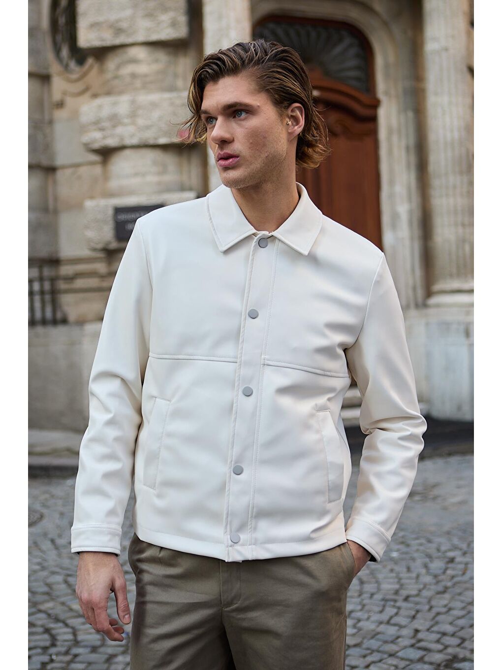 Bej Erkek Gömlek Yaka Deri Taş Ceket-5