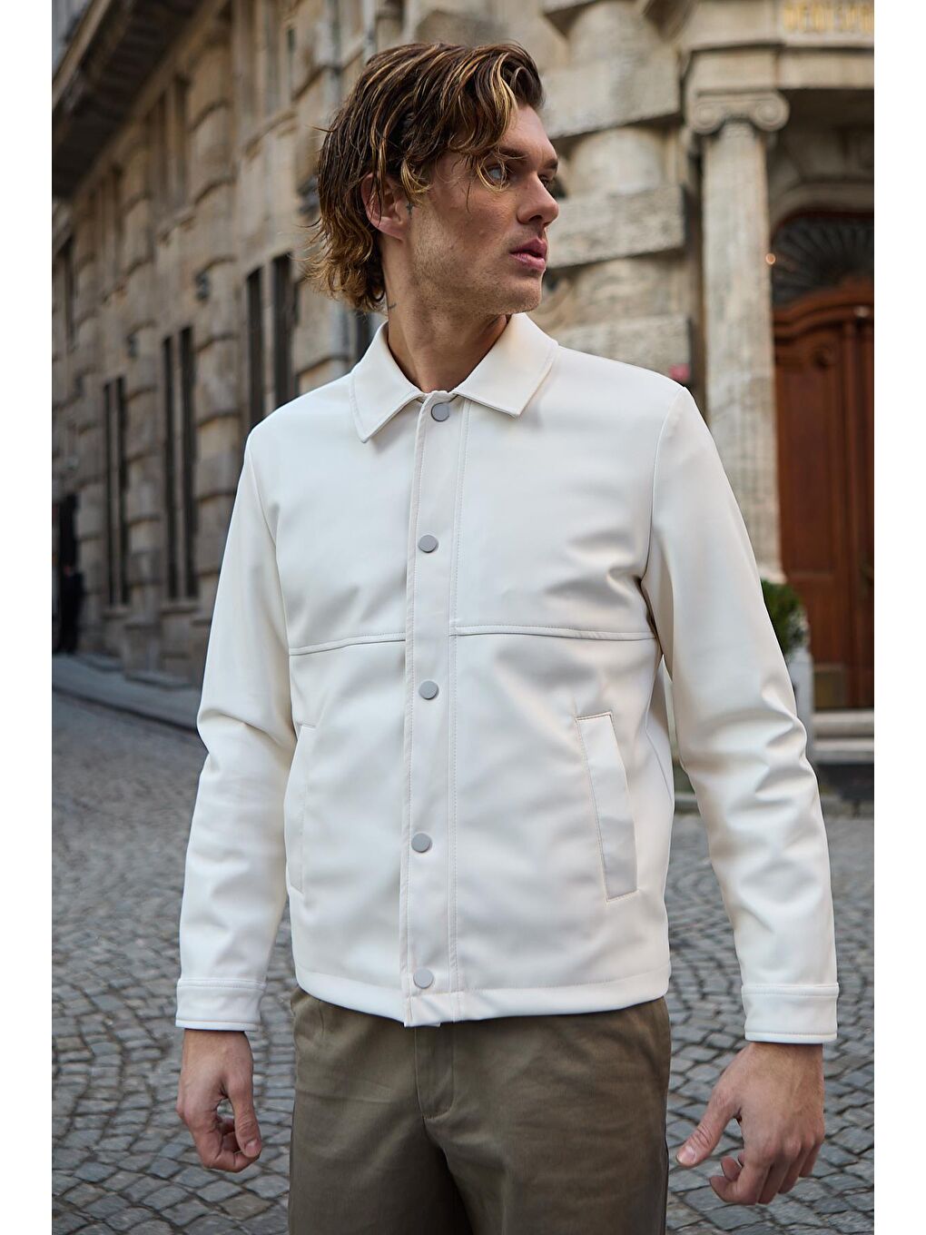 Bej Erkek Gömlek Yaka Deri Taş Ceket-6