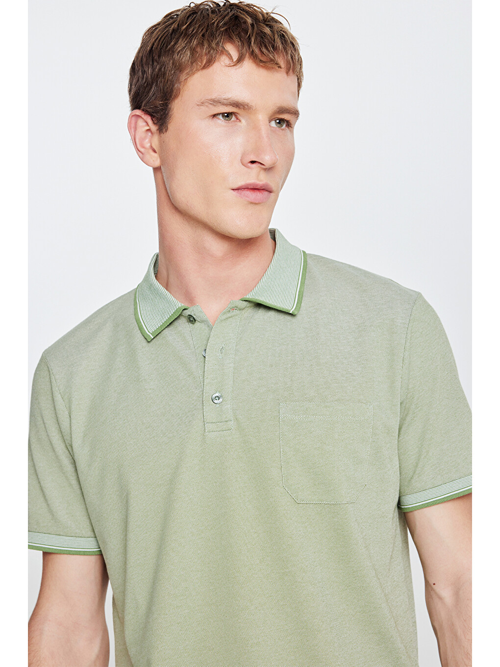 Erkek Yeşil Pamuklu Comfort Fit Rahat Kesim Polo Yaka Cepli Tişört-5