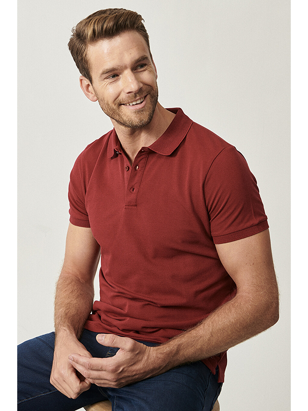 Erkek Bordo Slim Fit Dar Kesim Polo Yaka %100 Pamuk Kısa Kollu Tişört-1