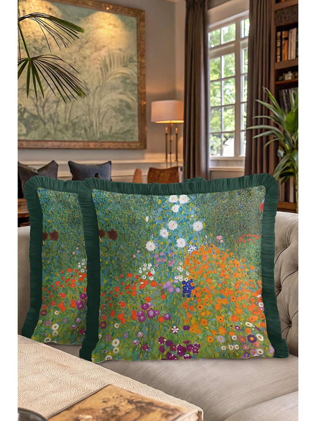 Karışık Canlı Çiçek Bahçesi Saçaklı Yastık Kılıfı - Renkli Modern Yeşil Püsküllü Kırlent Kılıfı-7