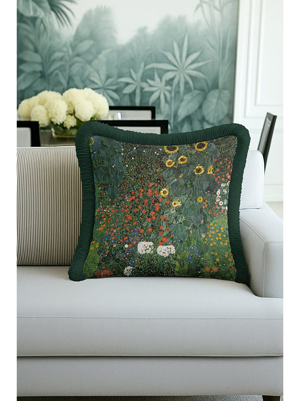 Karışık Sanatsal Çiçek Bahçesi Saçaklı Yastık Kılıfı - Doğal Botanik Rustik Yeşil Püsküllü Kırlent Kılıfı