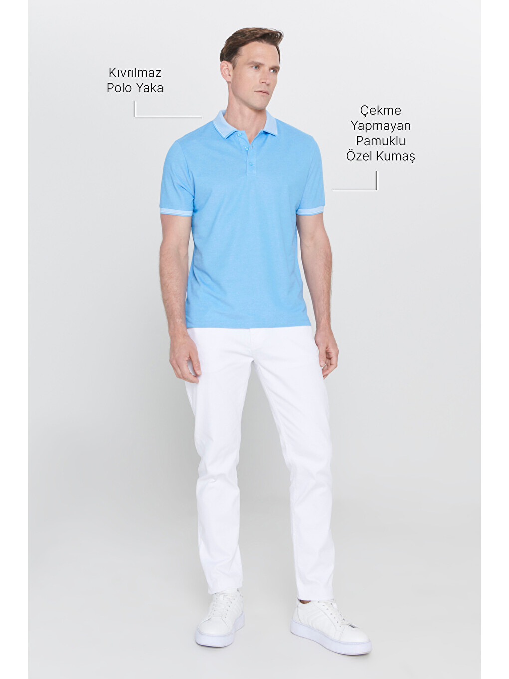 Erkek Mavi Slim Fit Dar Kesim Kıvrılmaz Polo Yaka Kısa Kollu Tişört-2