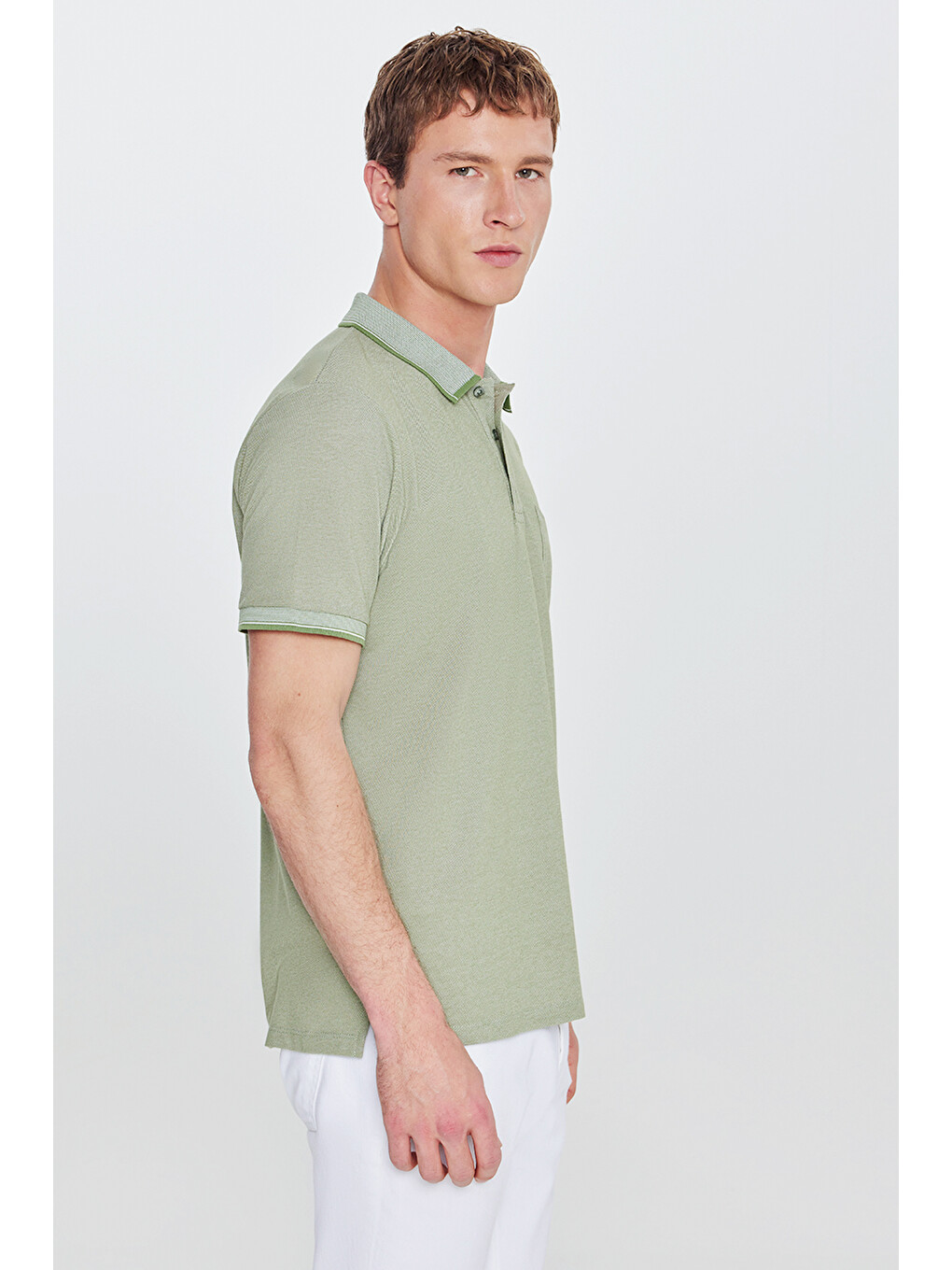 Erkek Yeşil Pamuklu Comfort Fit Rahat Kesim Polo Yaka Cepli Tişört-6