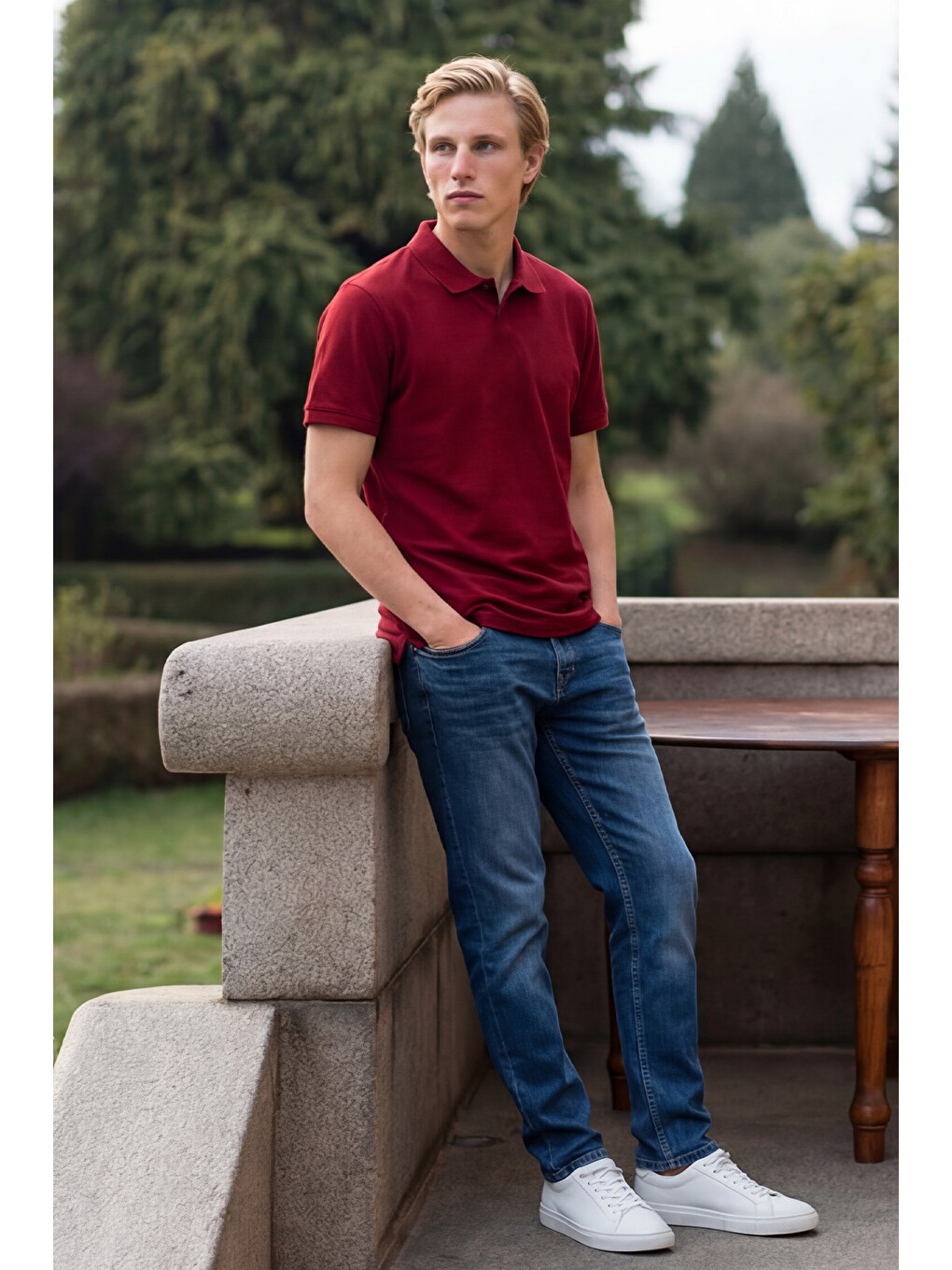 Erkek Bordo Slim Fit Dar Kesim Polo Yaka %100 Pamuk Kısa Kollu Tişört-2