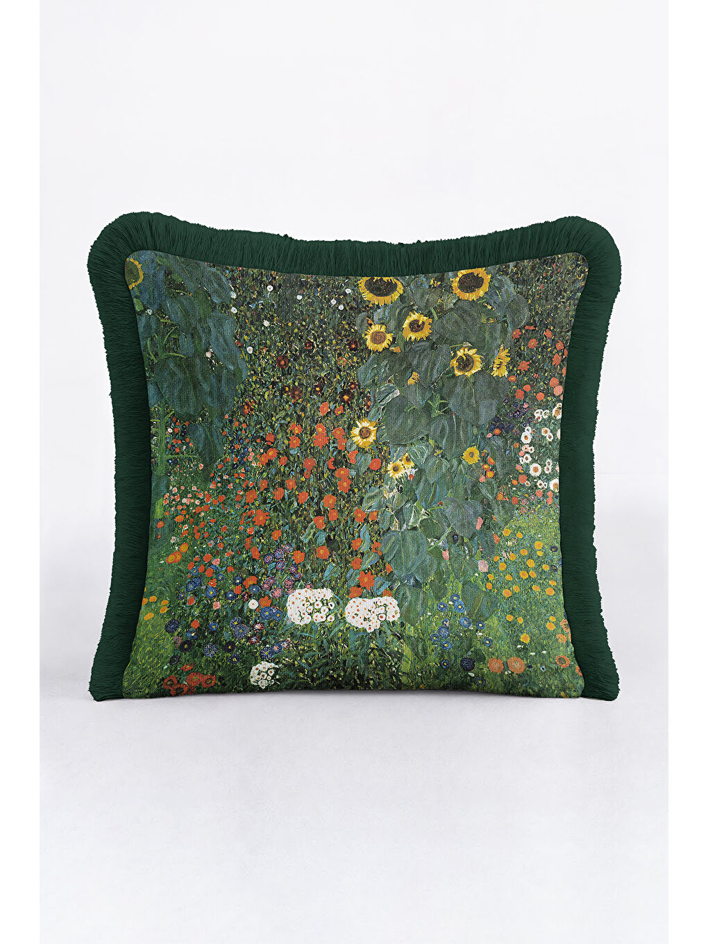 Karışık Sanatsal Çiçek Bahçesi Saçaklı Yastık Kılıfı - Doğal Botanik Rustik Yeşil Püsküllü Kırlent Kılıfı-1