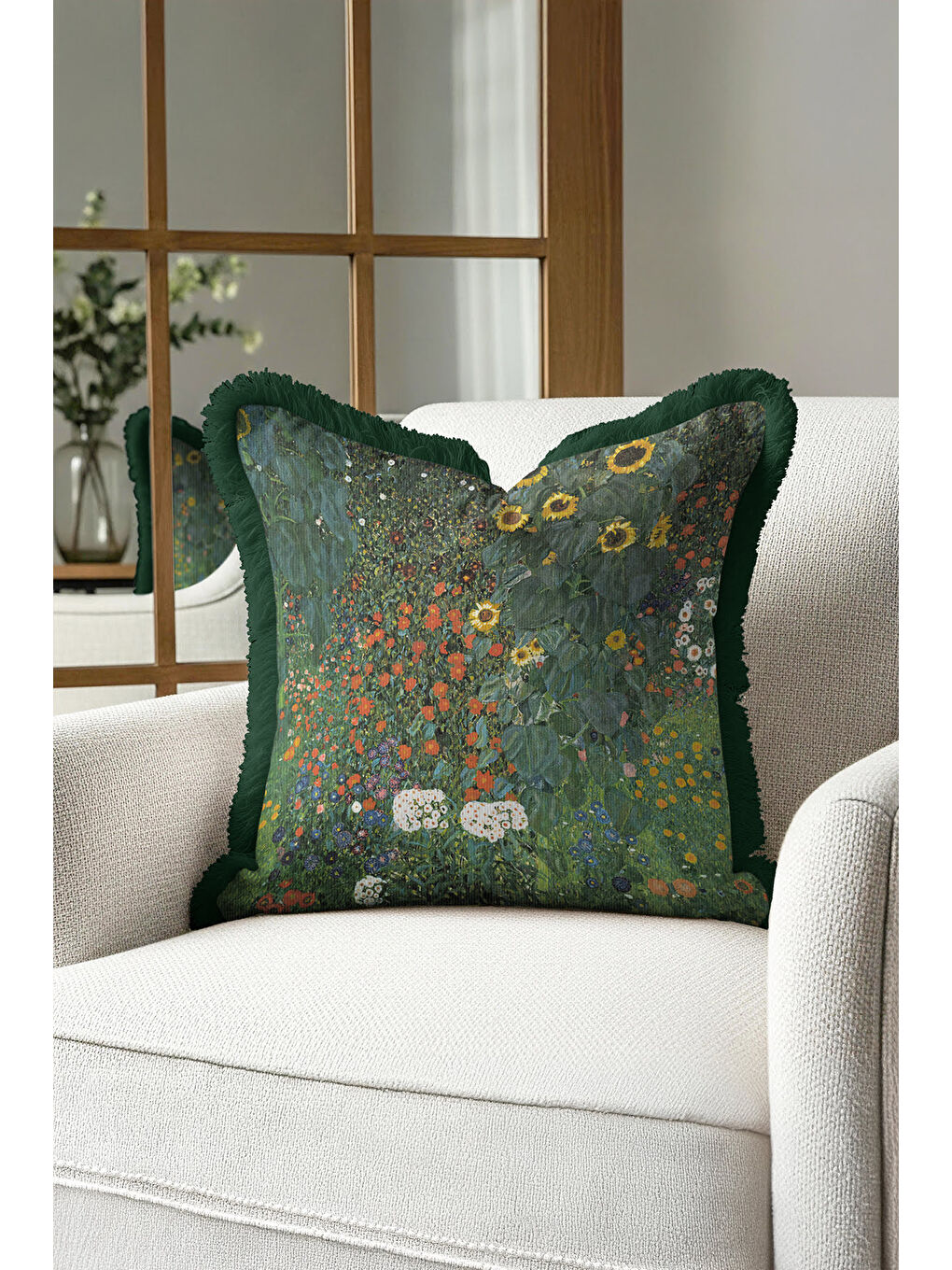 Karışık Sanatsal Çiçek Bahçesi Saçaklı Yastık Kılıfı - Doğal Botanik Rustik Yeşil Püsküllü Kırlent Kılıfı-3