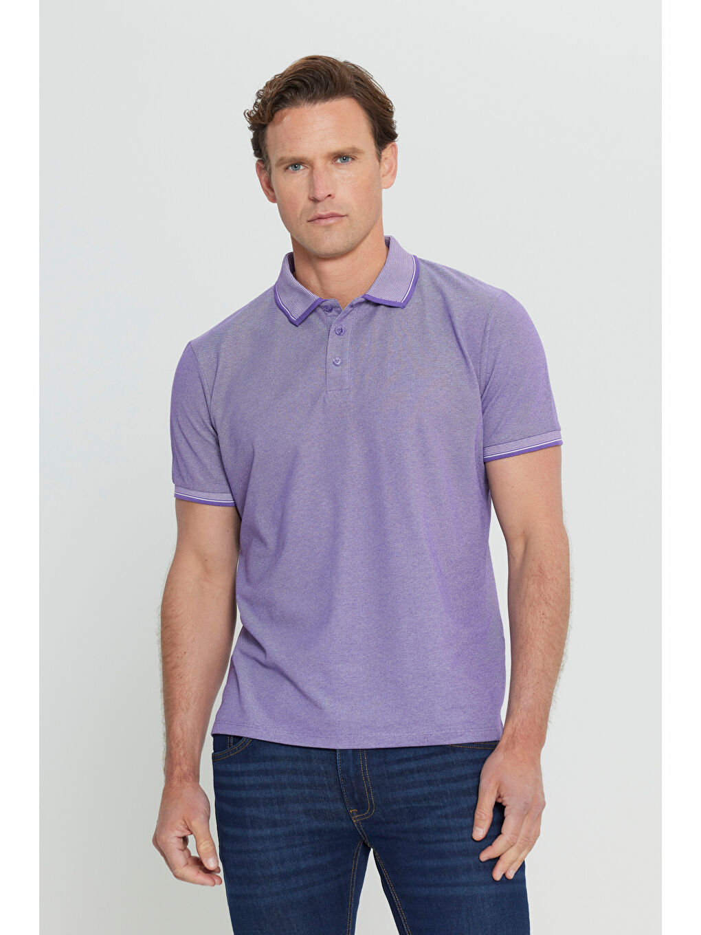 Erkek Mor-Beyaz Slim Fit Dar Kesim Kıvrılmaz Polo Yaka Kısa Kollu Tişört-1