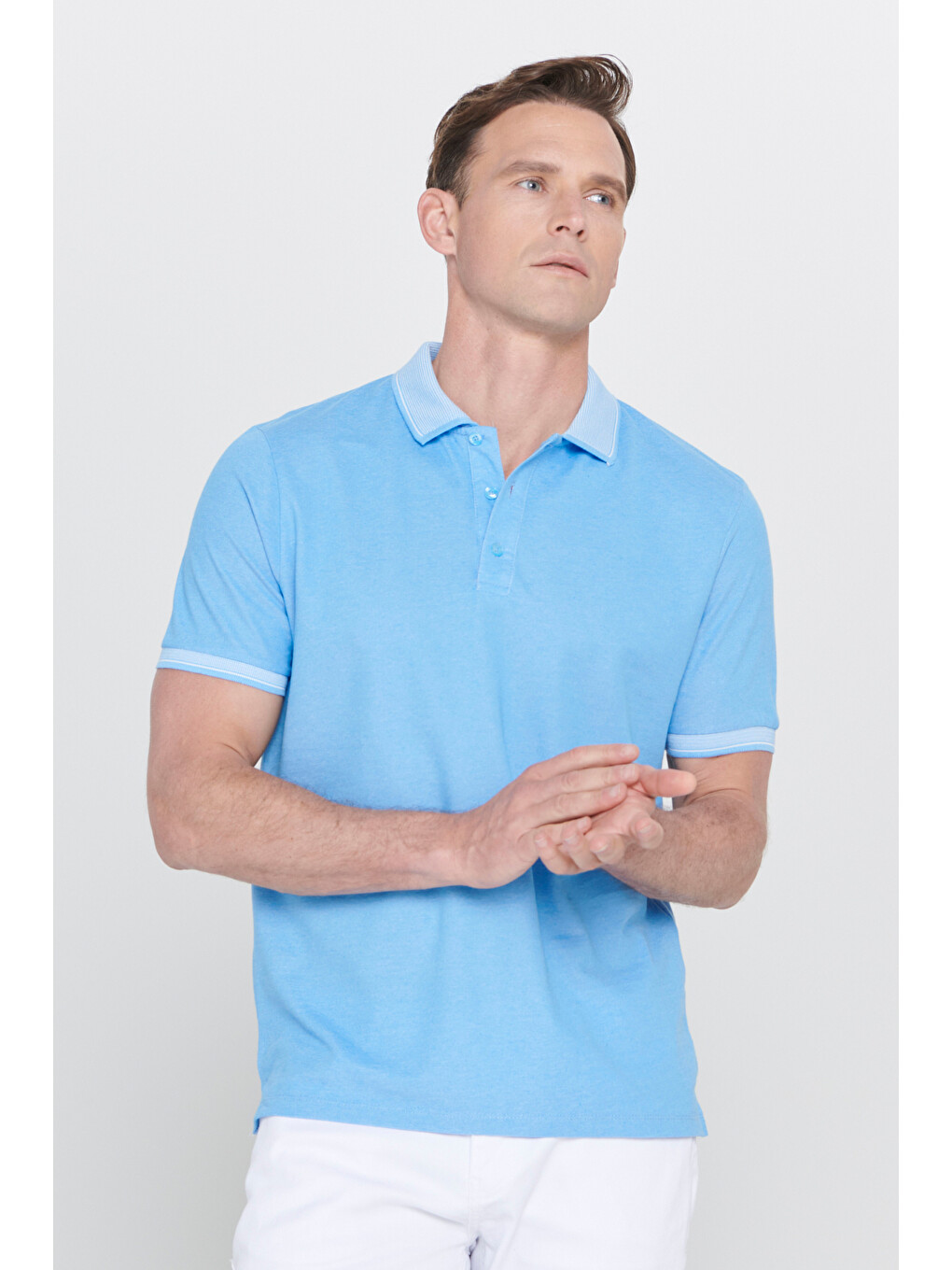Erkek Mavi Slim Fit Dar Kesim Kıvrılmaz Polo Yaka Kısa Kollu Tişört-5