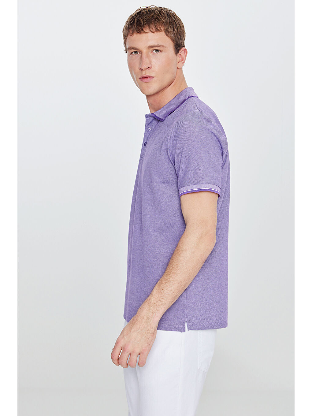 Erkek Mor-Beyaz Slim Fit Dar Kesim Kıvrılmaz Polo Yaka Kısa Kollu Tişört-3