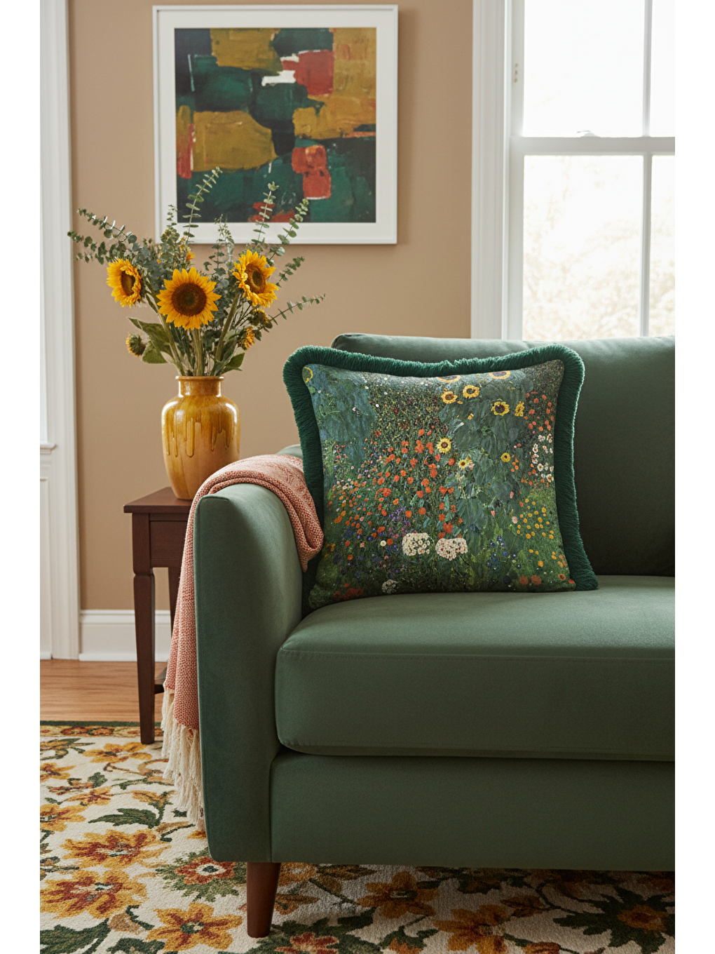 Karışık Sanatsal Çiçek Bahçesi Saçaklı Yastık Kılıfı - Doğal Botanik Rustik Yeşil Püsküllü Kırlent Kılıfı-4