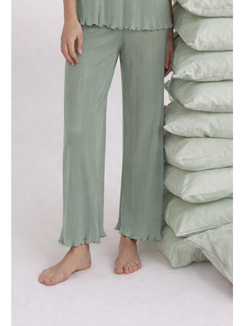 Yeşil Kadın Pamuklu Kısa Kollu Baby Overloklu Pijama Takımı-2