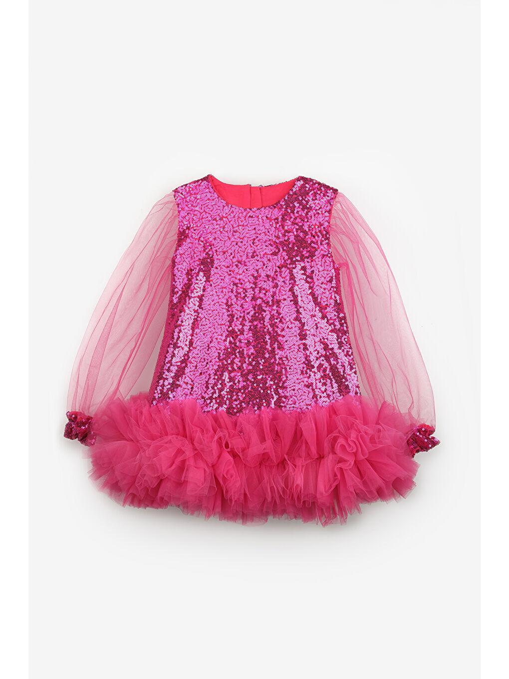 Fuşya Pullu Etek Ucu Tüllü Kız Çocuk Elbise - Balenca-4
