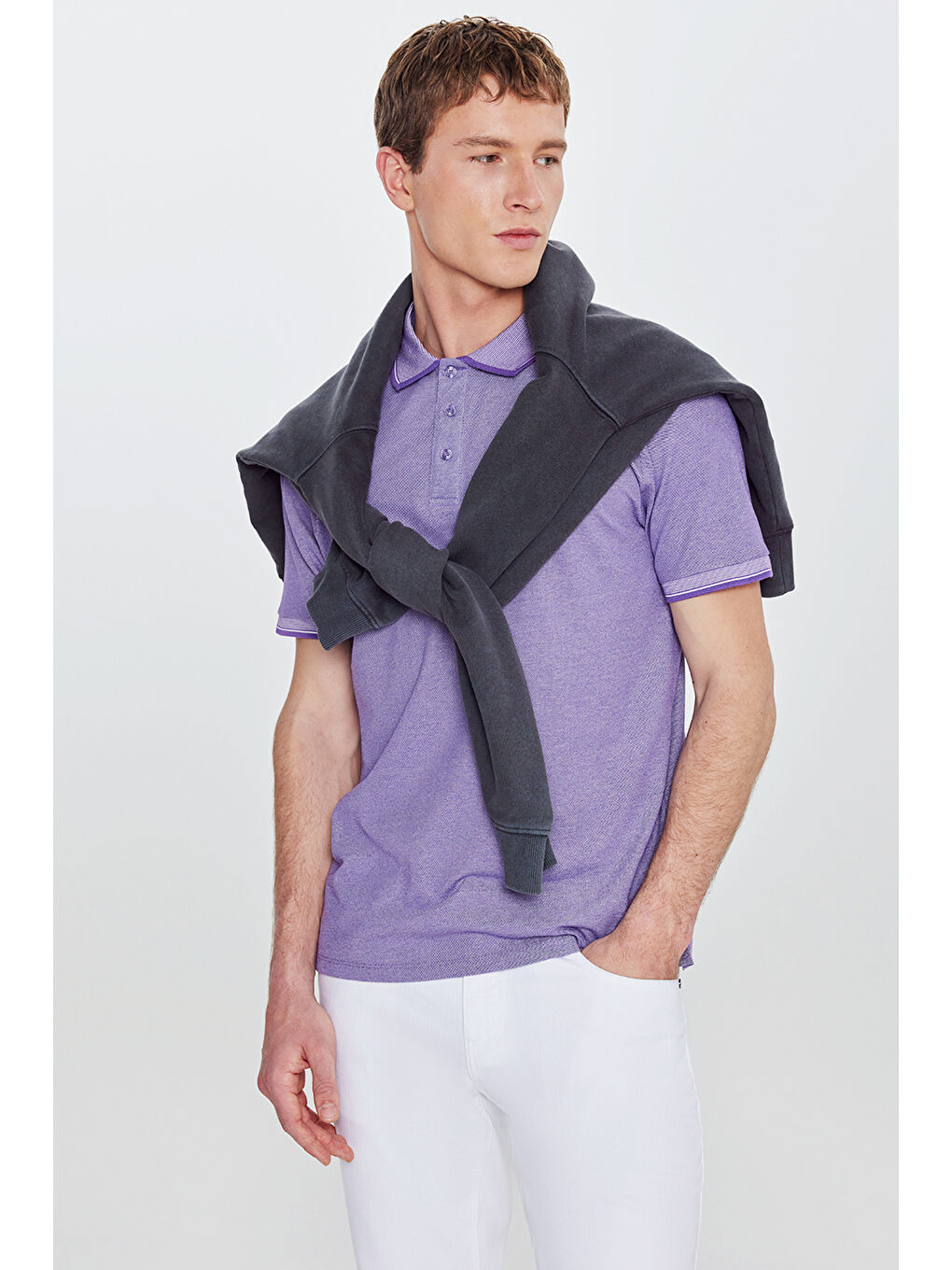 Erkek Mor-Beyaz Slim Fit Dar Kesim Kıvrılmaz Polo Yaka Kısa Kollu Tişört-4