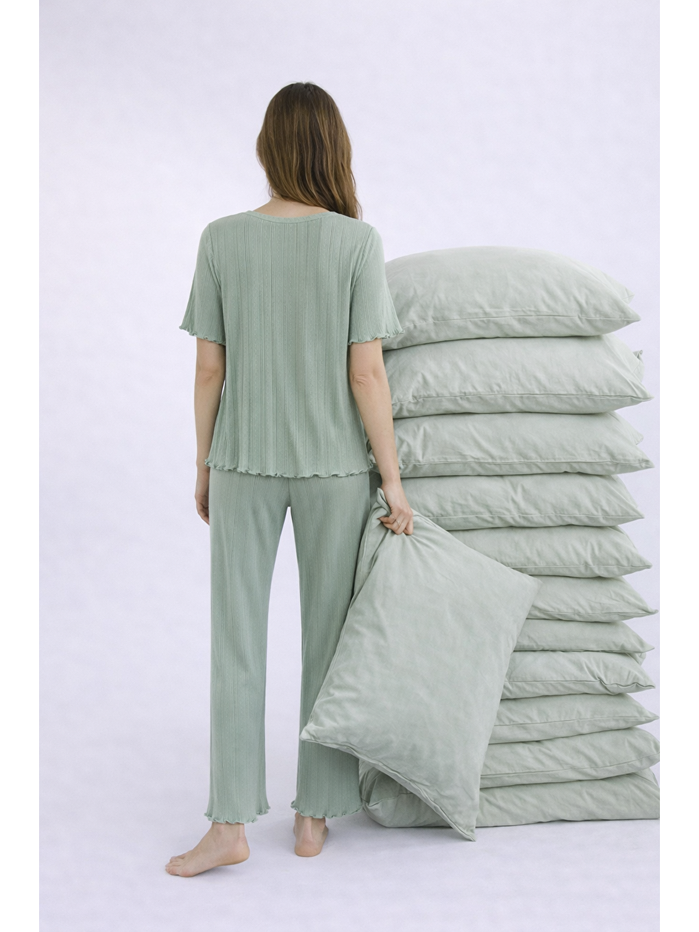 Yeşil Kadın Pamuklu Kısa Kollu Baby Overloklu Pijama Takımı-3