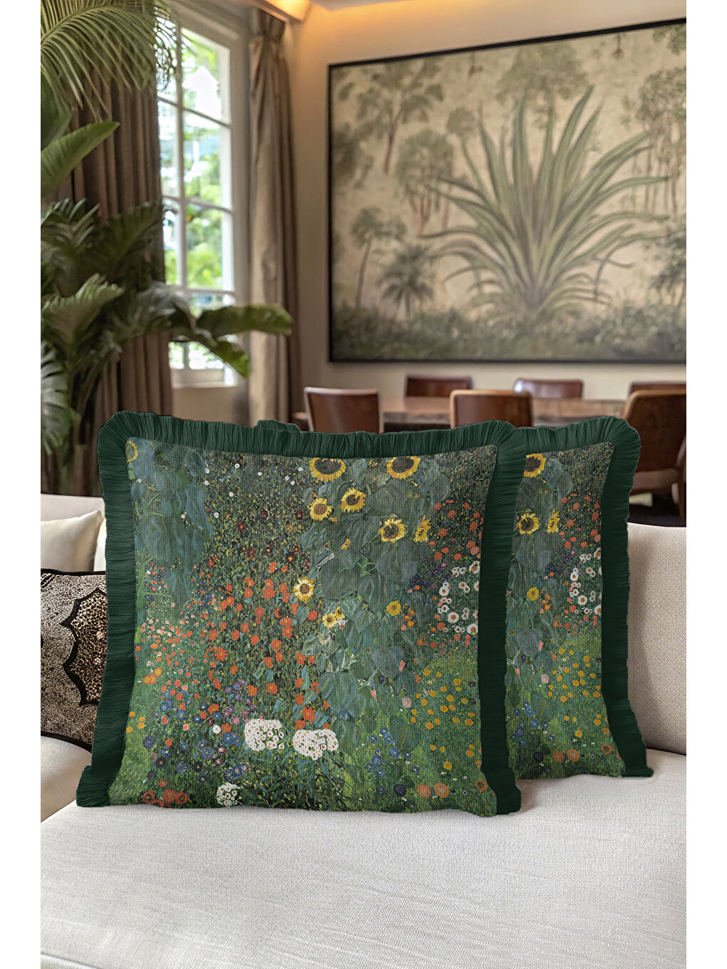Karışık Sanatsal Çiçek Bahçesi Saçaklı Yastık Kılıfı - Doğal Botanik Rustik Yeşil Püsküllü Kırlent Kılıfı-5