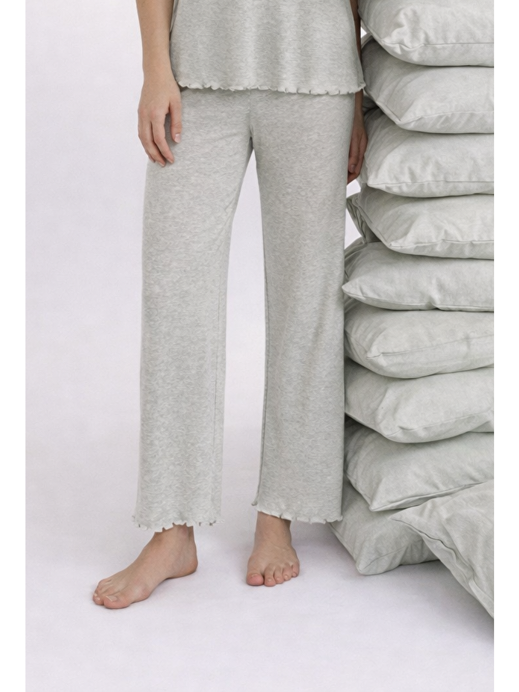 Gri Kadın Pamuklu Kısa Kollu Baby Overloklu Pijama Takımı-2