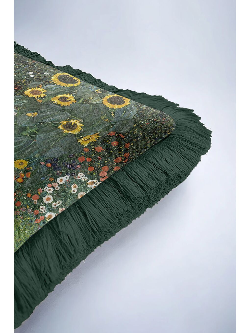 Karışık Sanatsal Çiçek Bahçesi Saçaklı Yastık Kılıfı - Doğal Botanik Rustik Yeşil Püsküllü Kırlent Kılıfı-6