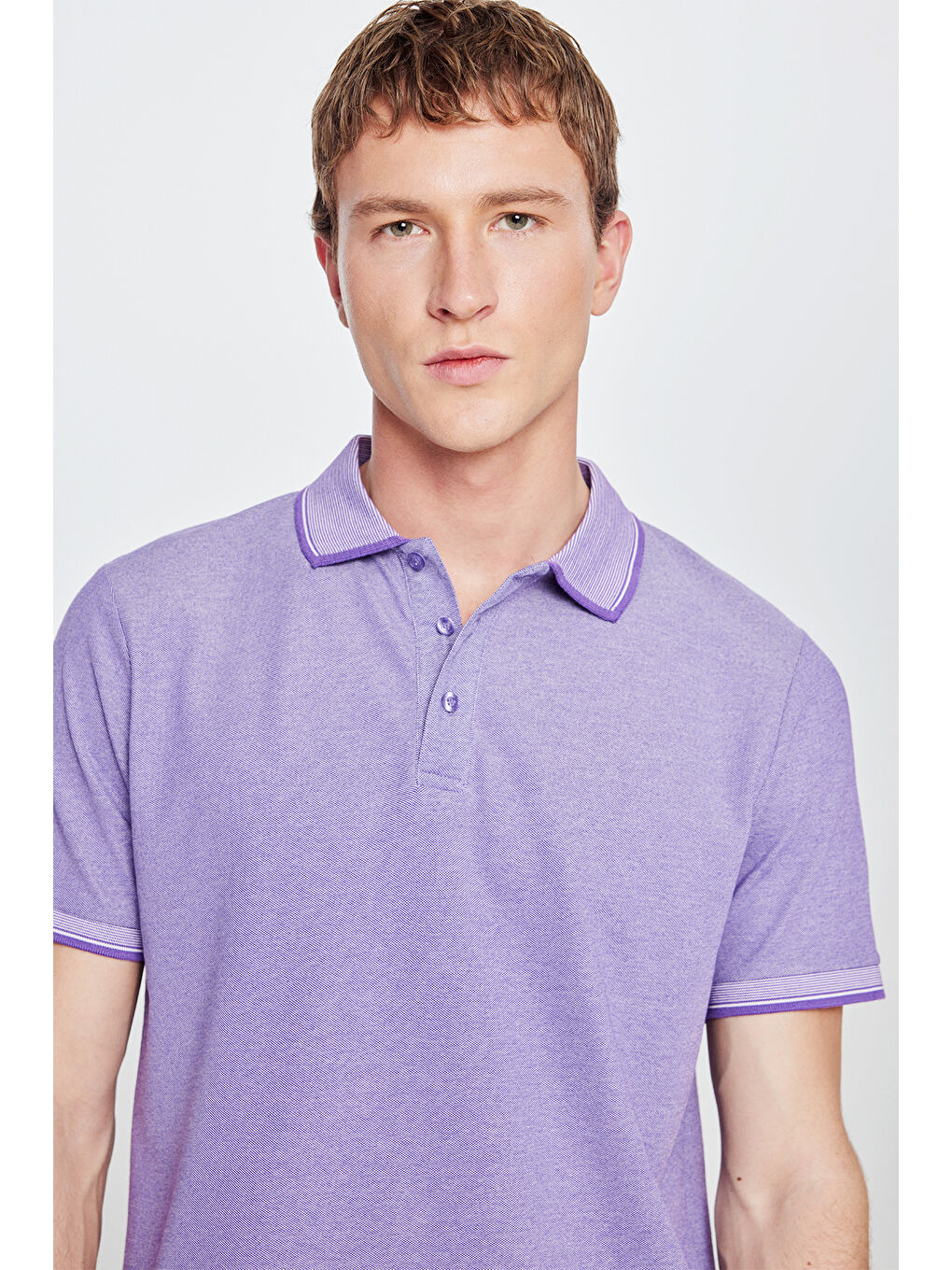 Erkek Mor-Beyaz Slim Fit Dar Kesim Kıvrılmaz Polo Yaka Kısa Kollu Tişört-5