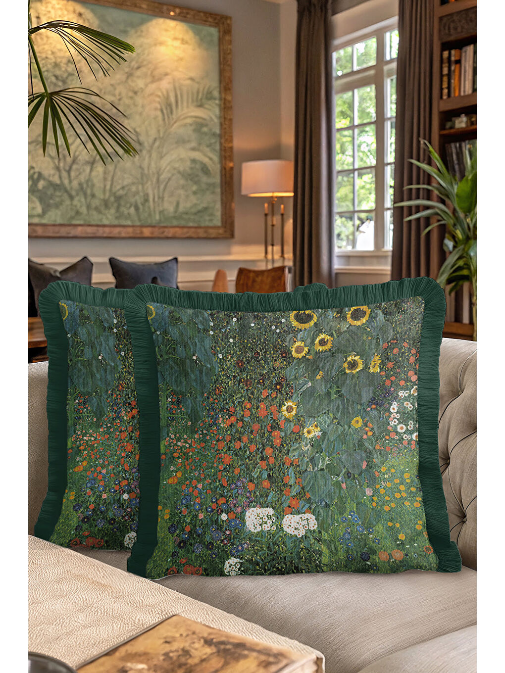 Karışık Sanatsal Çiçek Bahçesi Saçaklı Yastık Kılıfı - Doğal Botanik Rustik Yeşil Püsküllü Kırlent Kılıfı-7