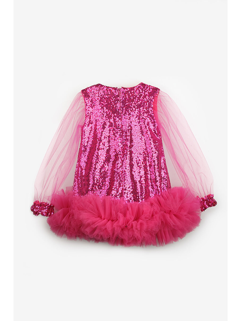 Fuşya Pullu Etek Ucu Tüllü Kız Çocuk Elbise - Balenca-5