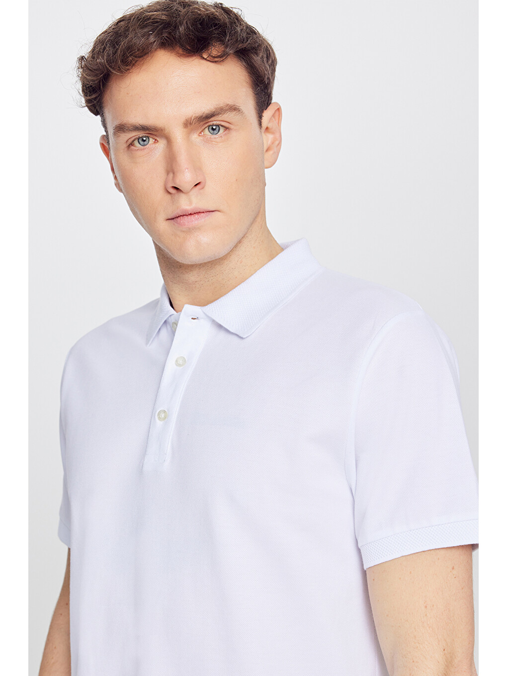 Erkek Beyaz Slim Fit Dar Kesim Polo Yaka %100 Pamuk Kısa Kollu Tişört-5
