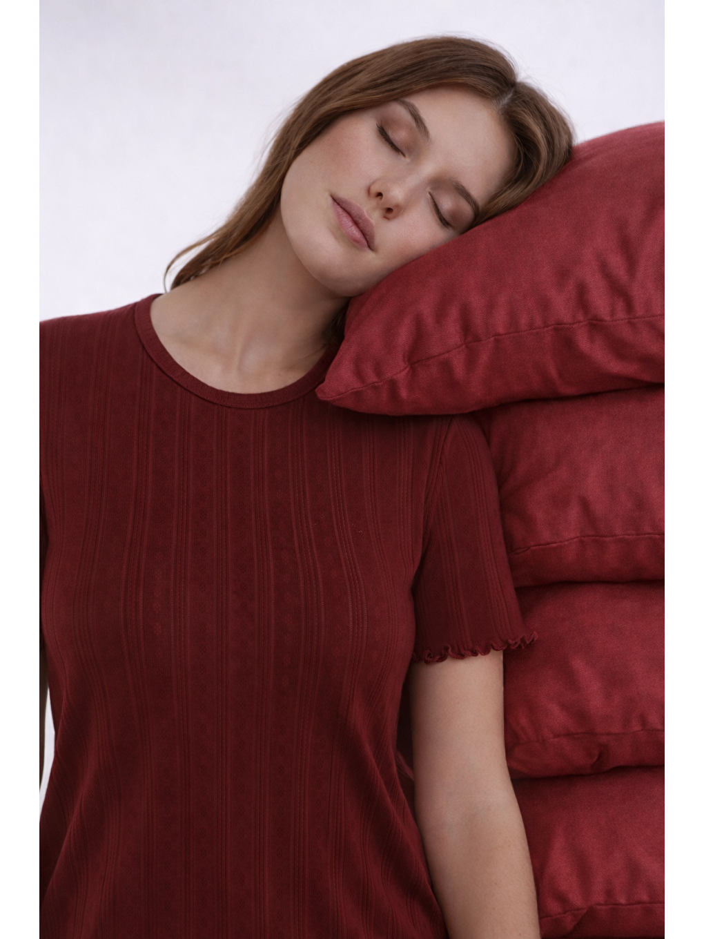 Bordo Kadın Pamuklu Kısa Kollu Baby Overloklu Pijama Takımı-1